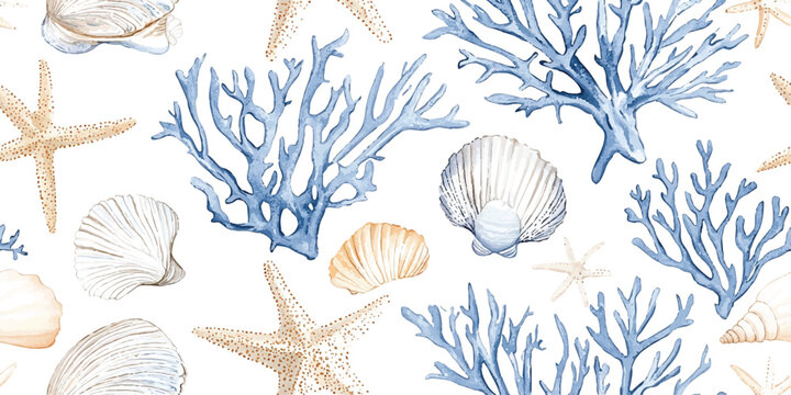 Seamless vector repeating pattern, Sea Stars, coral and shells in light beige blue pastel colors on a white background, coastal design, Seamless tile. Endless print
