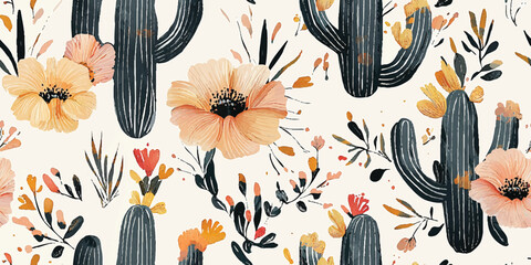 Seamless vector repeating pattern, vibrant and colorful cactus and floral print that is perfect for textiles, wallpapers, and many creative projects © Eli Berr