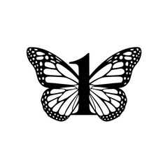 Obraz premium Butterfly with Number 1 Monogram Logo, Black and white butterfly illustration featuring an elegant number 1 monogram, creating a stylish and artistic logo design on a white background. 