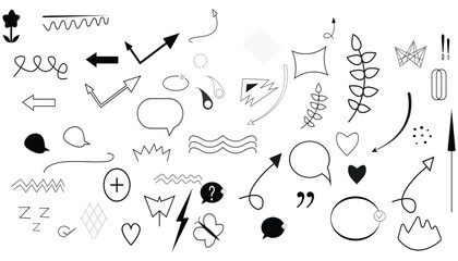 Cute line sketch star, arrow, heart decoration element icon set. Hand drawn sketch doodle cute star, emphasis, flower element. Pen line text decoration shape icon set vector design