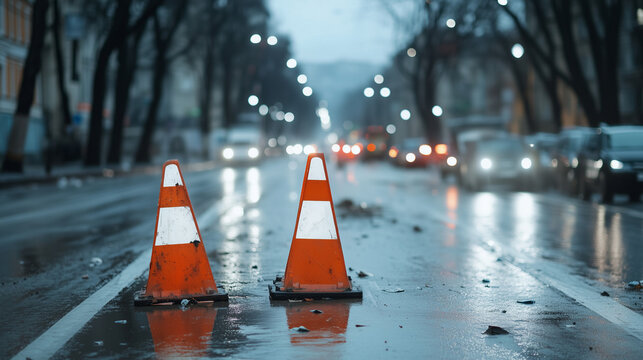 Rainy City Street with Traffic Cones: Two vibrant orange traffic cones stand sentinel on a rain-slicked city street, blurred city traffic and streetlights forming a dramatic backdrop.