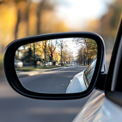 Autumn street view in car side mirror