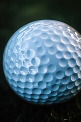 Close-up of a white golf ball on a green grass background.