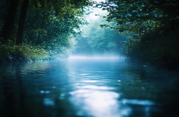 Obraz premium Serene misty river flowing through lush green forest.