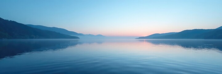 Naklejka premium Tranquil lake waters reflect a clear blue sky at morning dawn, peaceful scene, calm atmosphere, water