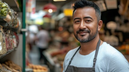 Obraz premium Smiling male shopkeeper in a bustling market.