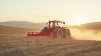 Obraz premium Tractor at Sunset Harvest: A powerful red tractor cultivates a vast golden field at sunset, dust swirling behind it, a scene of agricultural industry and the beauty of rural life. 