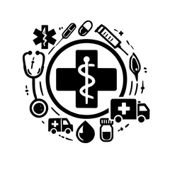 Black and White Medical Icons, encircling the Caduceus symbol, representing healthcare and emergency services.