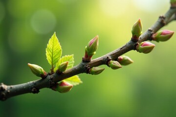 Tiny buds burst forth on a newly awakened tree branch, flowers, spring, leafy