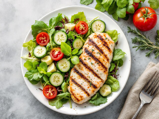 Chicken salad featuring grilled chicken breast with fresh vegetables for healthy eating promotion