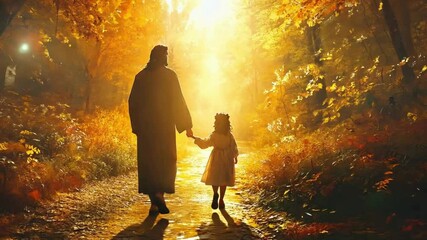 Man Walking with a Little Girl Toward a Bright Light