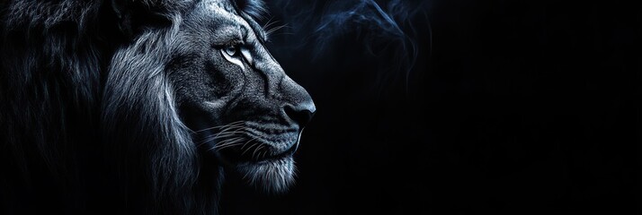 Majestic lion profile against a dark, smoky background.