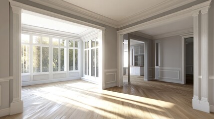 Obraz premium Sunlit empty room with hardwood floors, large windows, and classic molding.