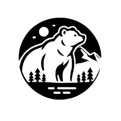 Bear's Watchful Gaze: A night scene of bear standing next to mountains and pine trees in a black circle