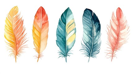 Watercolor painting of five vibrant feathers on a white background