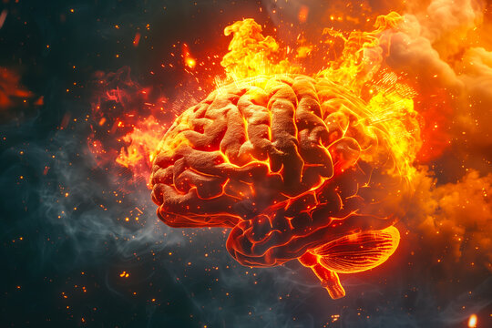 Brain on fire, exploding brain, disease concept like Parkinson's, Alzheimer's , dementia or Multiple Sclerosis