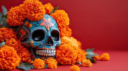 Life and remembrance Sugar skull with marigolds on red celebrates life and remembrance in Mexican tradition.