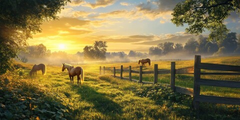 Majestic sunrise over a tranquil pasture with three horses grazing peacefully.