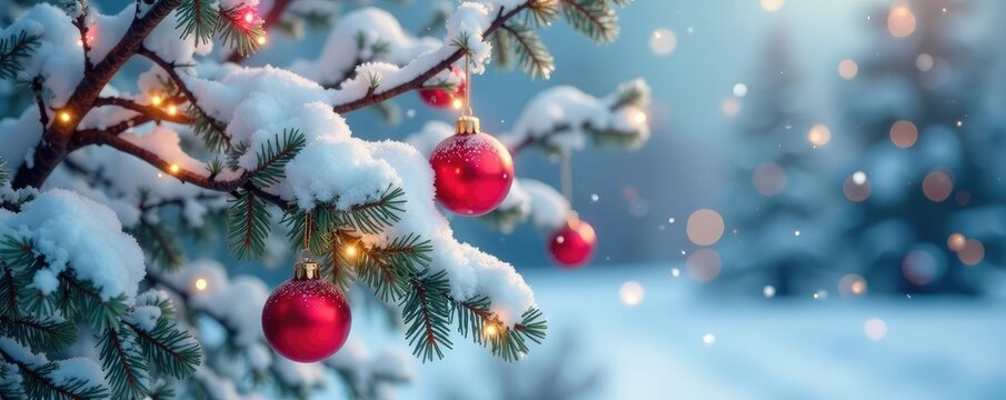 Snow-covered tree adorned with colorful ornaments, colorful ornaments, twig, branches