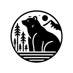 Naklejka premium Black and White Circle of Wilderness: Bear, Trees, and Mountains.
