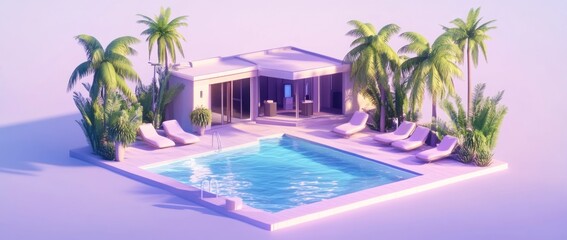 Low-poly rendering of a modern villa with a private pool and palm trees.