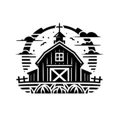 Fototapeta premium Black and White Illustration: Barn, Birds, Cloudy Sky, Farmhouse Silhouette, Farm, Fields, Landscape, Sunlight, Silhouette, Nature