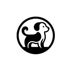 Simple illustration of a dog silhouette within a circle.