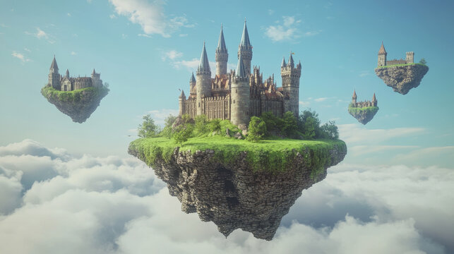 Fantasy background with magic castle on island floating in sky. Game landscape with flying islands with medieval fortress, green grass and clouds, vector cartoon illustration