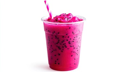 Refreshing pink dragon fruit smoothie in a plastic cup with a striped straw, isolated on white background. (1)