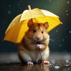 Small hamster snuggled up with a paper umbrella, fur, umbrellas, rain