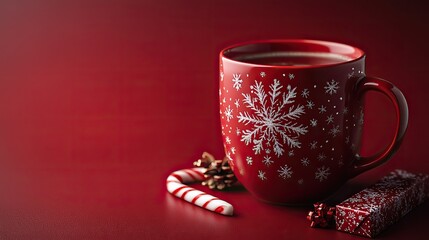 A red holiday mug with snowflake patterns, a candy cane, and a gift box evoke festive warmth against a matching red background, capturing the spirit of Christmas.