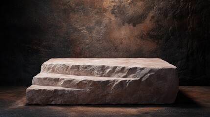 Rustic stone platform, three-tiered display, dark background.