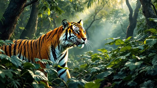 Majestic Tiger in Lush Green Jungle Sunlight