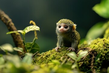 Naklejka premium Adorable baby pygmy marmoset monkey sitting on mossy branch in lush green foliage.