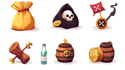 Pirate game ui icons set cartoon vector sack with golden coins, close wooden chest with treasure, letter in glass bottle, skull in red kerchief and white flag, barrel with rum, bomb and metal hook
