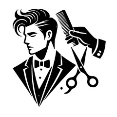 A dapper gentleman at a barber shop gets a haircut. A comb and scissors are used.