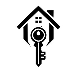 Black and White House and Key Logo: Simple stylized house and key icon on white background.