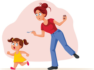 Mom Running with a Spoon After Her Little Daughter Vector Cartoon. Frustrated parent trying to feed her kid with puree chasing little girl
