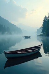 Obraz premium Morning fog clings to the surface of the lake, where a few boats lie idle and still, water, serene, tranquility