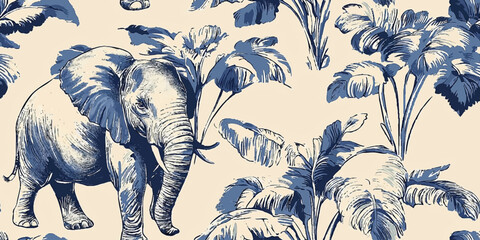 Seamless vector pattern, detailed illustration showing a tropical landscape and elephant in blue toile style, Design fabric, cover, banner, invitation