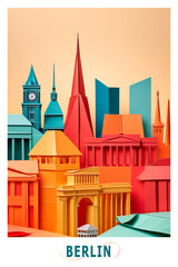 Berlin, Germany city poster in origami style. Layered folded paper image with skyline, panorama, landmarks, cathedrals for flyer, postcard, print