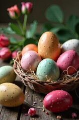 Obraz premium Simple composition for Easter. Easter colored eggs with space for text