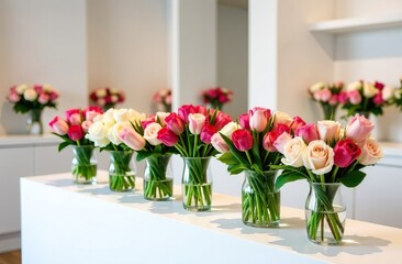 Fototapeta premium Transparent glass vases with flowers on white table. Compositions of pink and white roses, as well as red tulips on counter of florist shop.