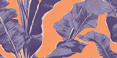Botanical purple lilac banana leaf wallpaper on orange background, Luxury natural foliage vector pattern, design in minimalist linear contour simple style. Design fabric, cover, banner, invitation