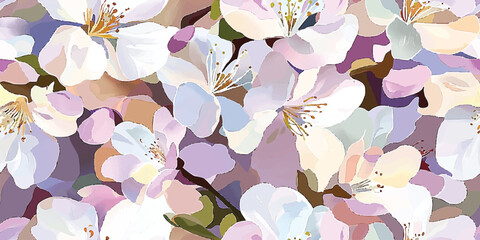Seamless vector repeating pattern of sakura flowers in pastel soft pink, lavender, and white colors, gouache painting, brush strokes, Design fabric, cover, banner, invitation © Eli Berr