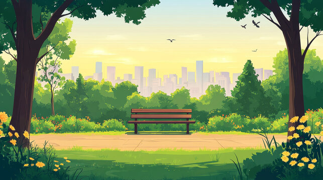 Parallax background city park with bench at early morning. Summer or spring scenery cityscape. Cartoon urban 2d landscape with outddor public garden separated layers for game scene Vector illustration