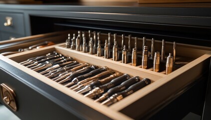 Organized drawer with various drill bits and precision tools neatly arranged in a custom-made wooden organizer.