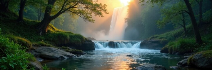 Fototapeta premium Misty dawn forest river with a natural waterfall, morning, nature