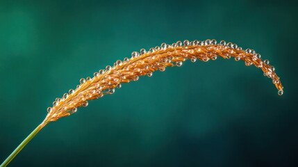 Close-up of a dew-covered grass seed head against a teal background.