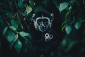 Obraz premium A black and white colobus monkey mother cradles her baby amidst lush green foliage.